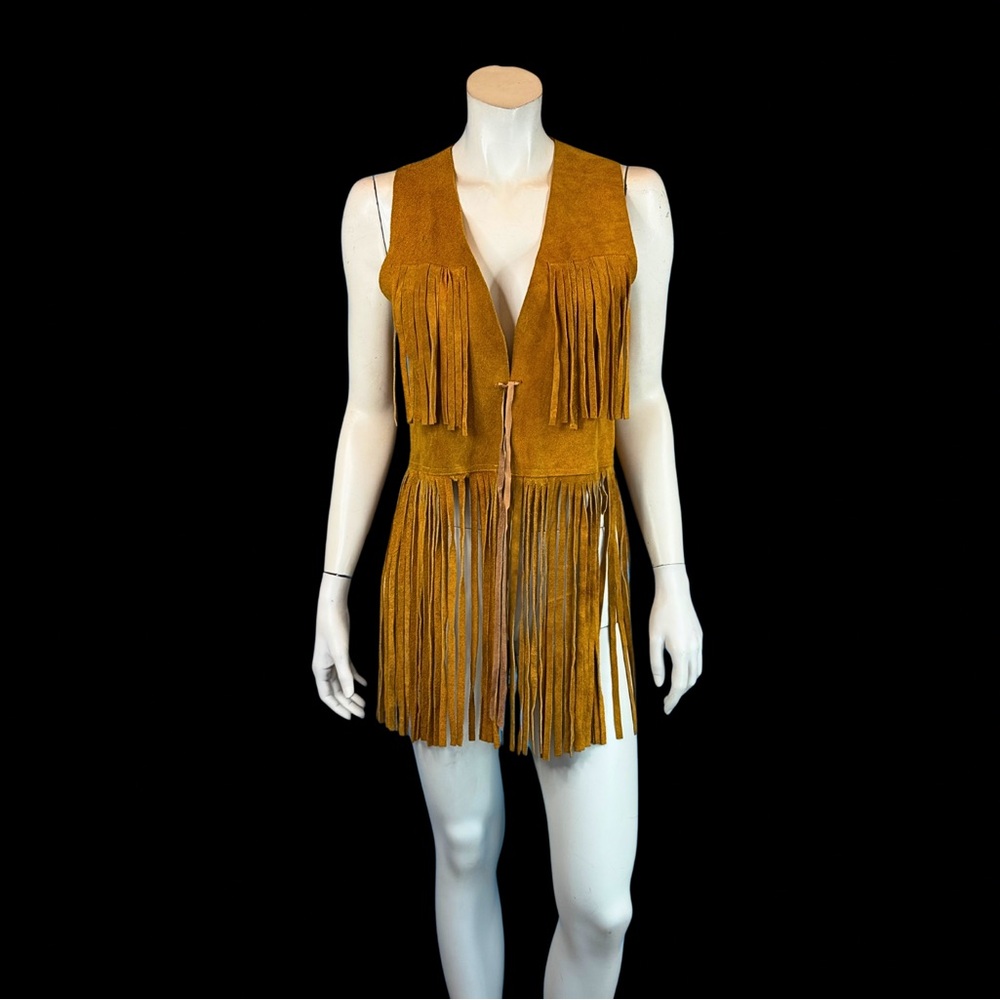 70s Cognac Tan Suede FRINGE Boho Hippie Vest / S